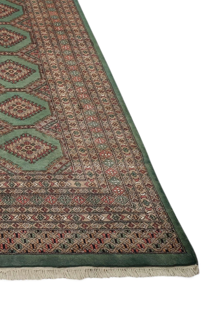 Hand-knotted sage and taupe Bokhara rug with compartment lattice