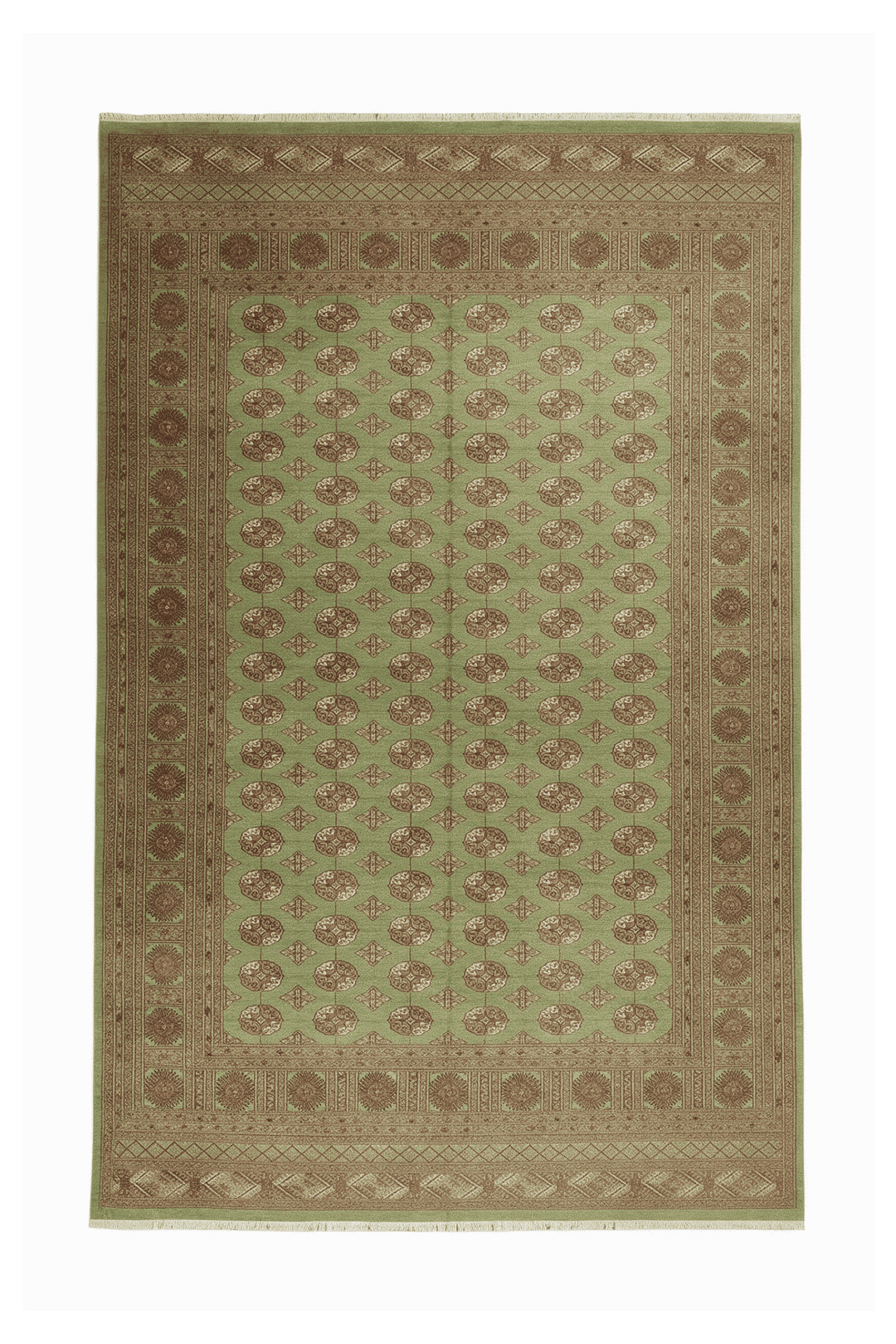 Sage Pakistani Bokhara Rug, gul design, hand-knotted, 300×419cm