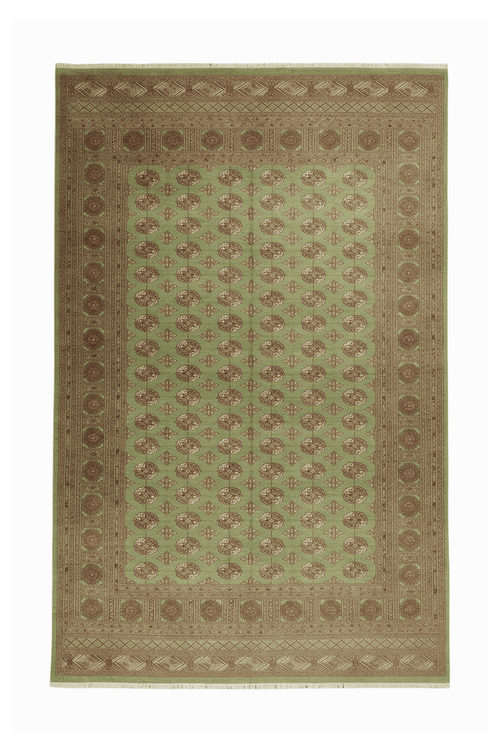 Sage Pakistani Bokhara Rug, gul design, hand-knotted, 300×419cm