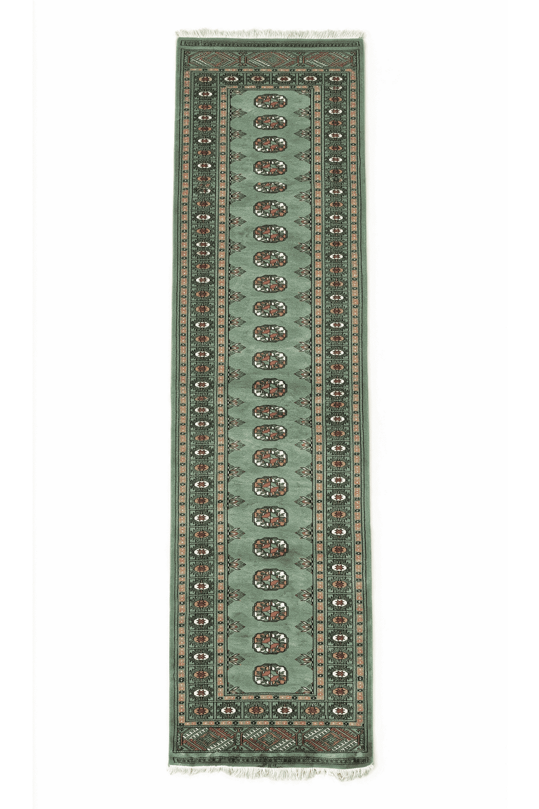 Sage and gold single column gül Bokhara runner, 79×288cm, hand-knotted wool
