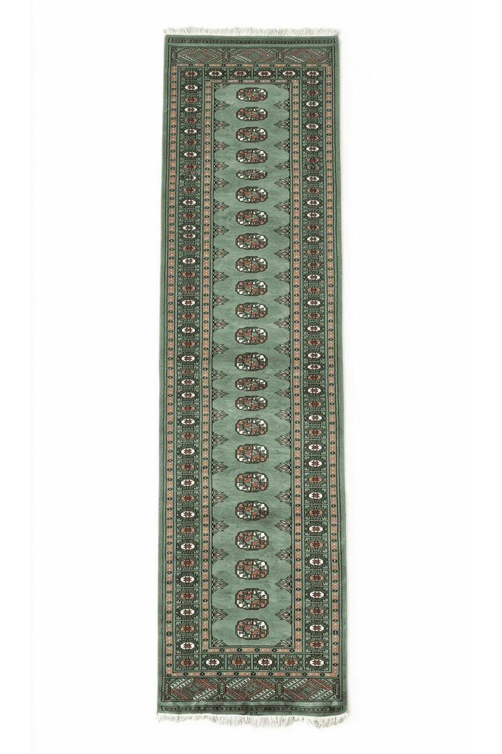 Sage and gold single column gül Bokhara runner, 79×288cm, hand-knotted wool