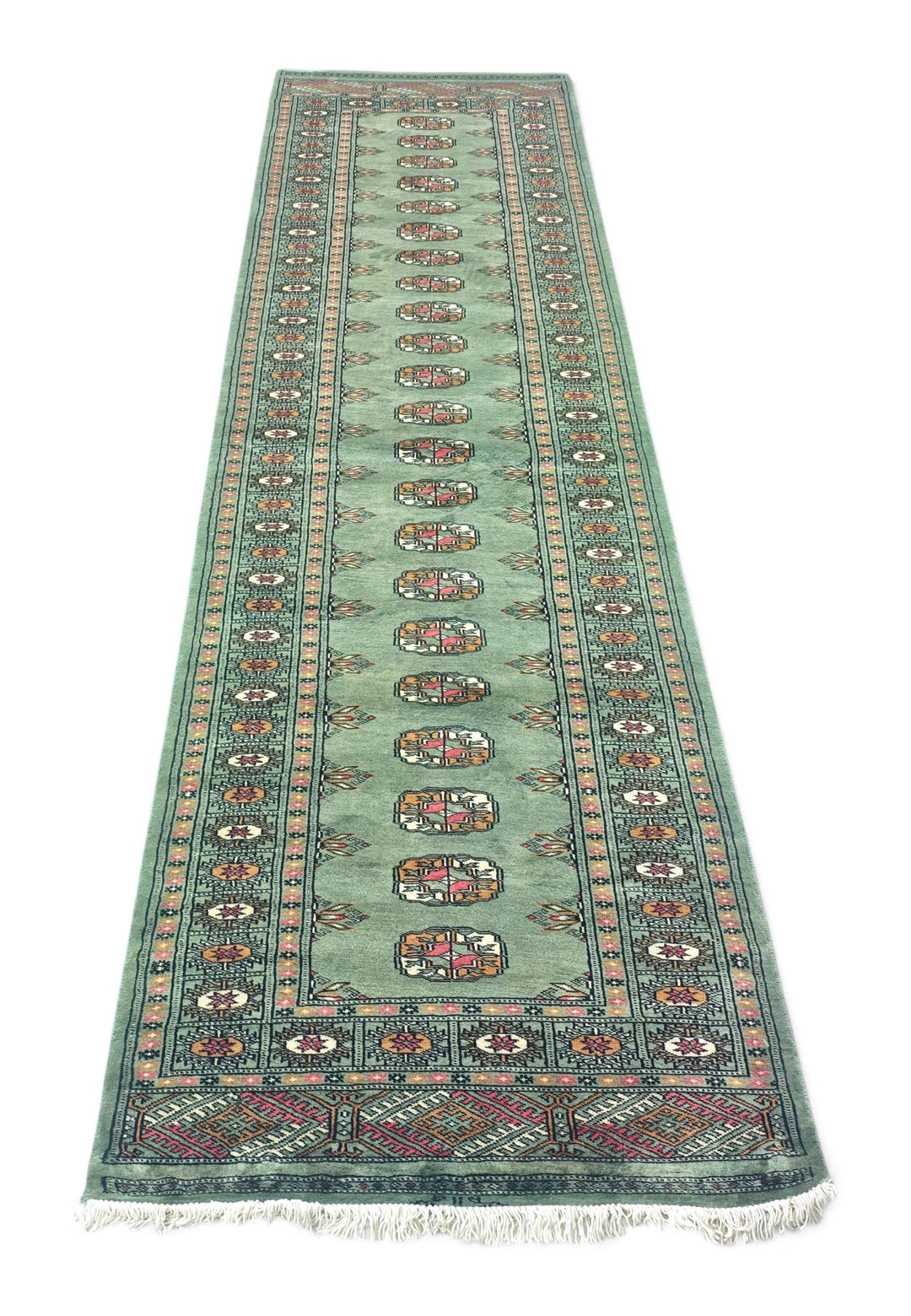 Border detail of sage and gold hand-knotted Bokhara runner