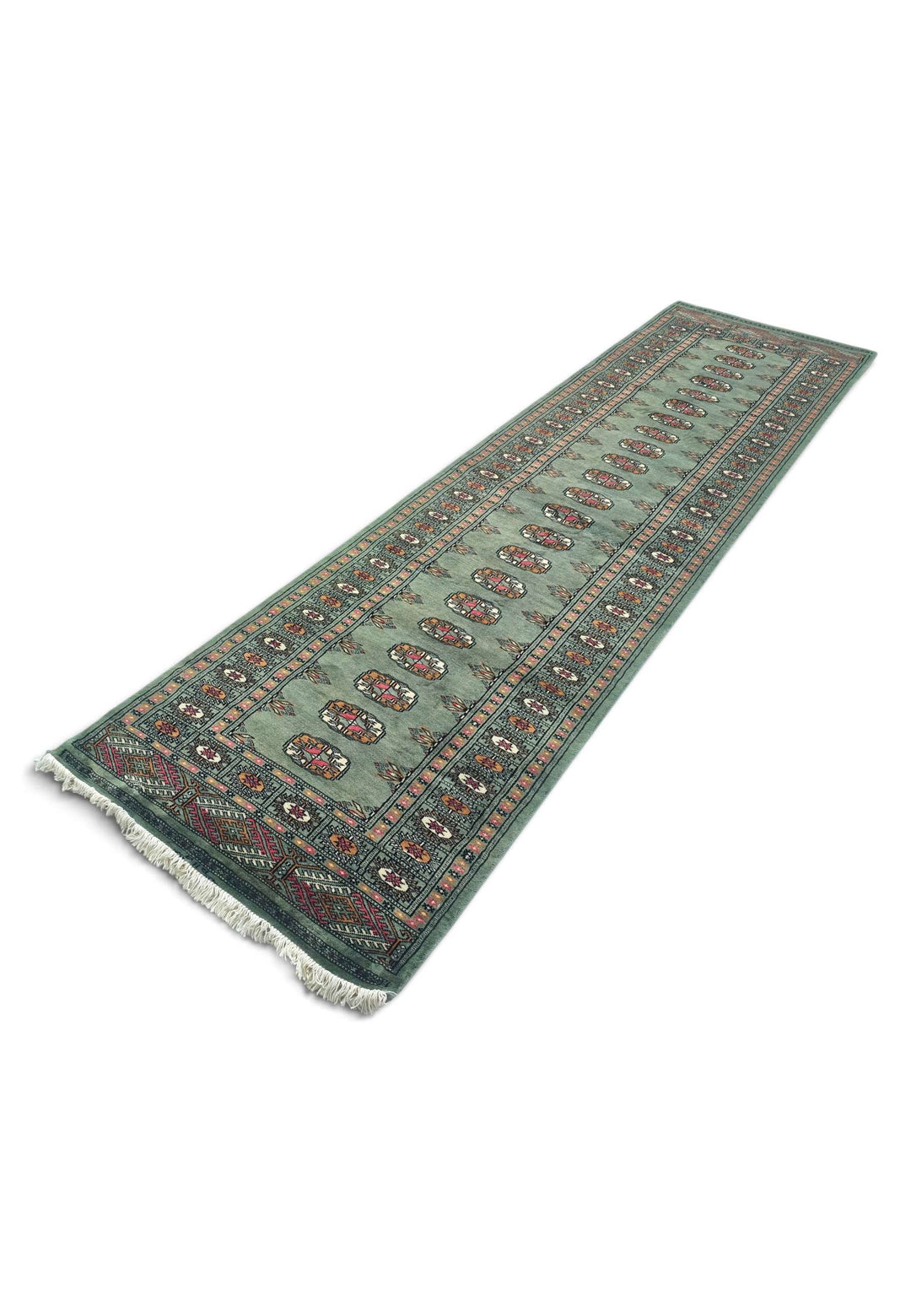 Hand-knotted wool pile of sage gold Bokhara runner, 79×288cm