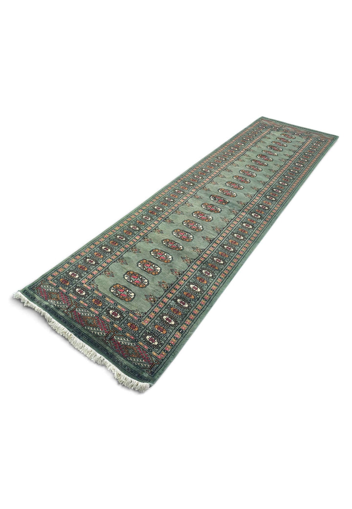Hand-knotted wool pile of sage gold Bokhara runner, 79×288cm