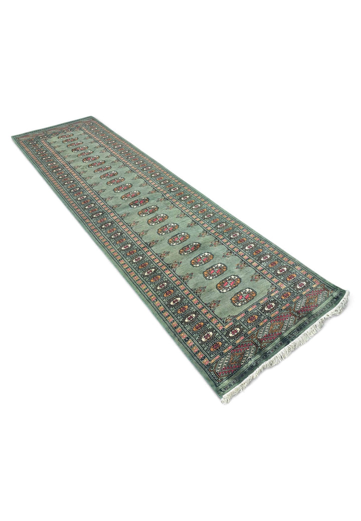 Sage gold Bokhara runner 79×288cm, Pakistani craftsmanship