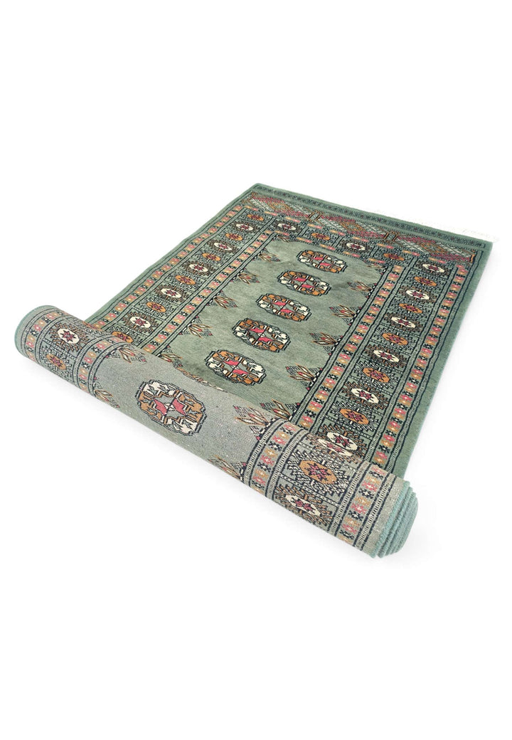 Sage and gold Turkmen gül runner for a hallway, 79×288cm