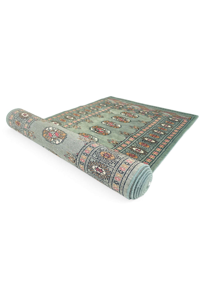 One-of-a-kind sage and gold Pakistani Bokhara runner