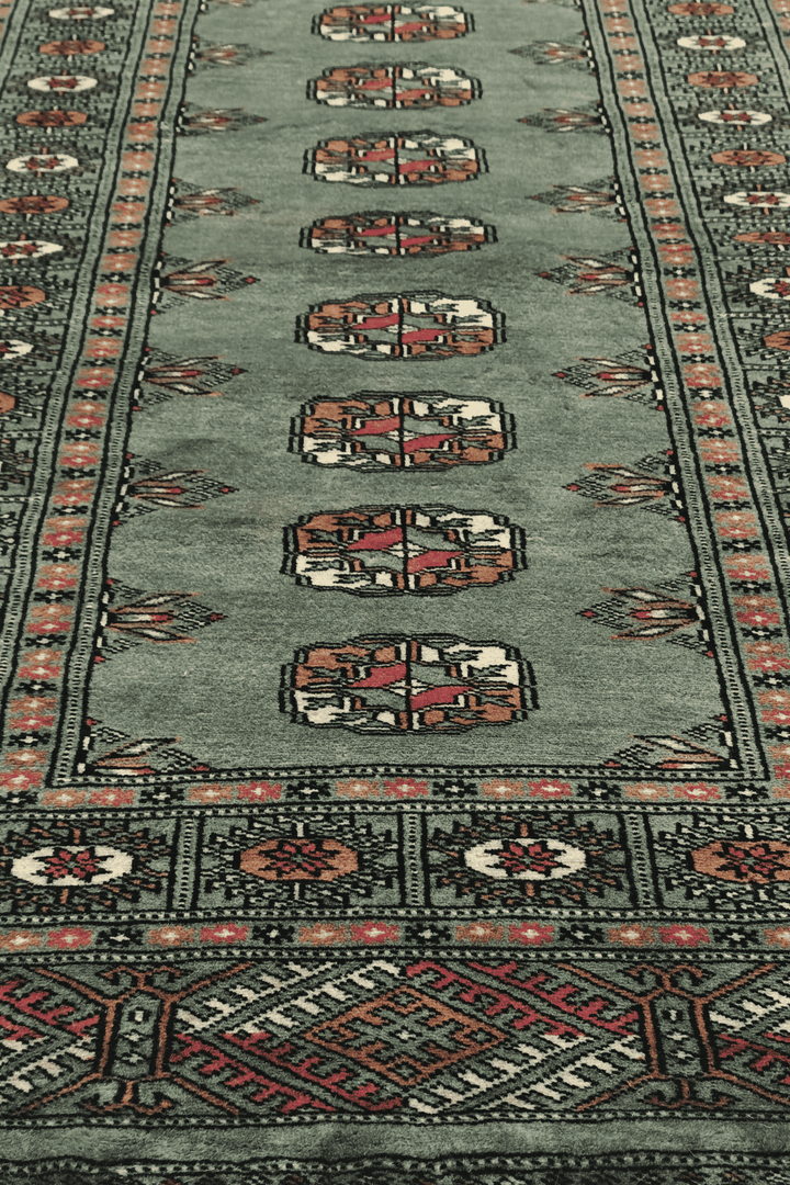 Hand-knotted sage Bokhara runner with gold Turkmen güls