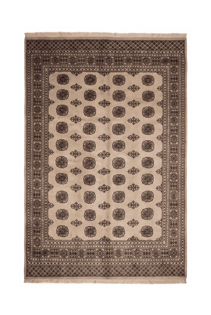 Sand beige Turkmen gül Bokhara hand-knotted wool rug, 201×241cm, about 3 tatami
