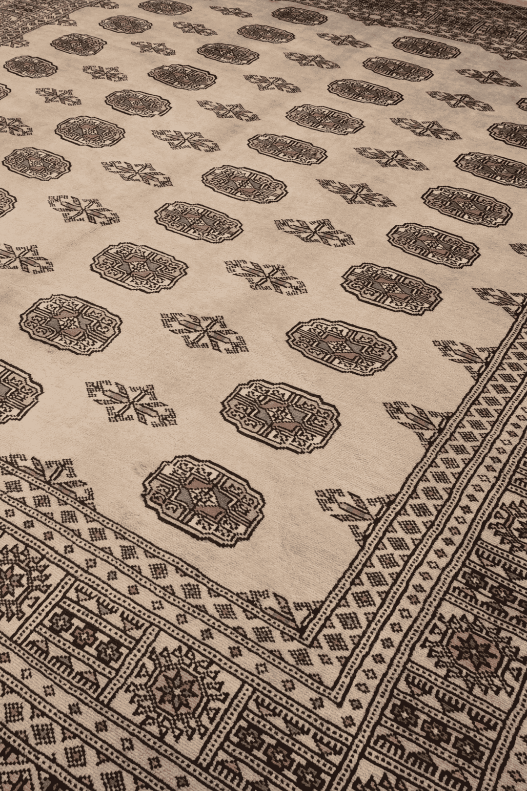 Turkmen gül motifs on sand beige Pakistani Bokhara wool rug