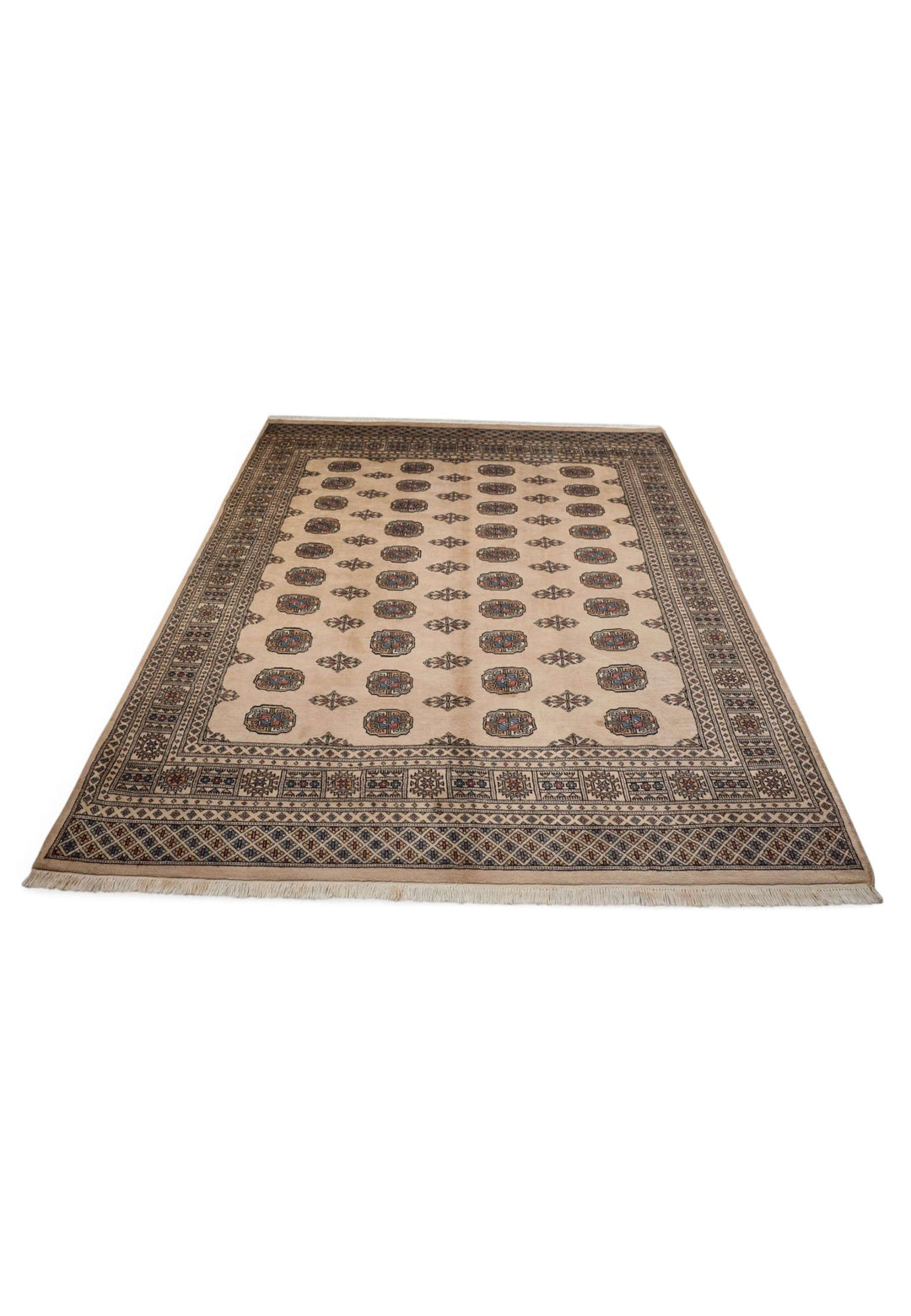 Border detail of sand beige hand-knotted Bokhara rug, 201×241cm