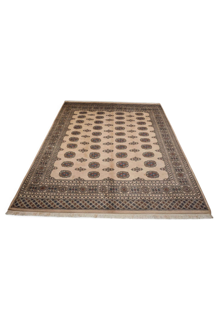 Border detail of sand beige hand-knotted Bokhara rug, 201×241cm