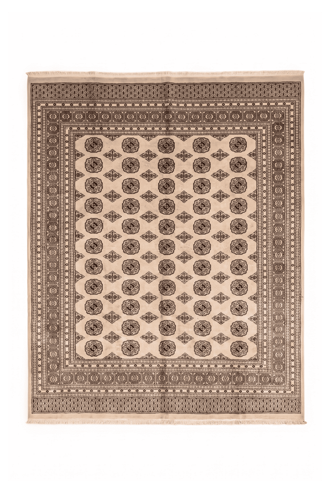 Sand beige Turkmen gül Bokhara square rug, 245×257cm, about 4.5 tatami