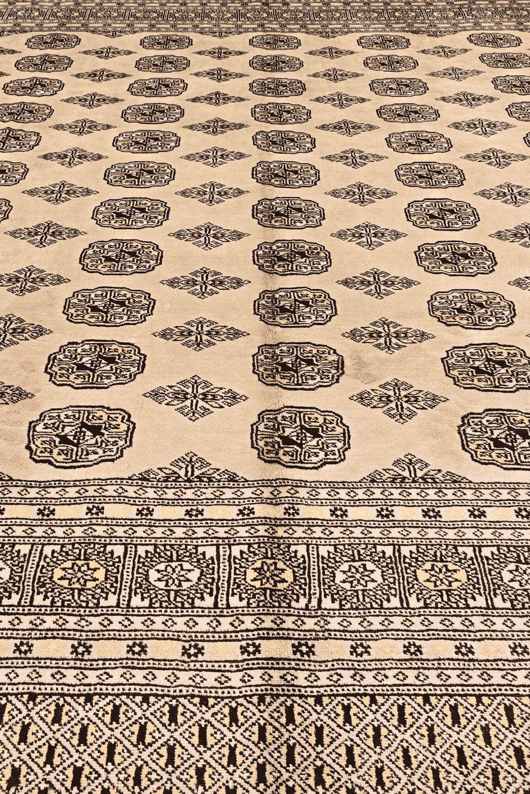 Border detail of sand beige hand-knotted square Bokhara rug