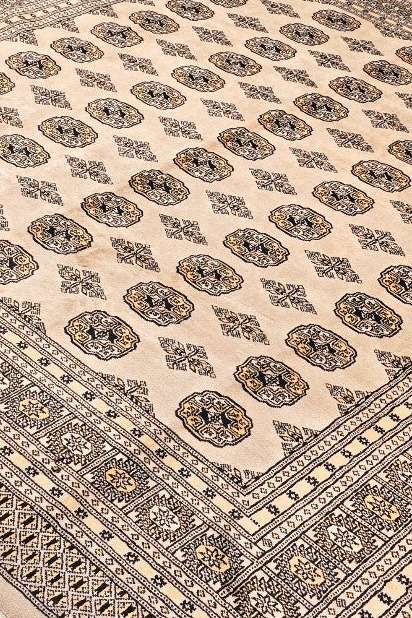 Hand-knotted wool pile of sand beige square Bokhara rug, 245×257cm