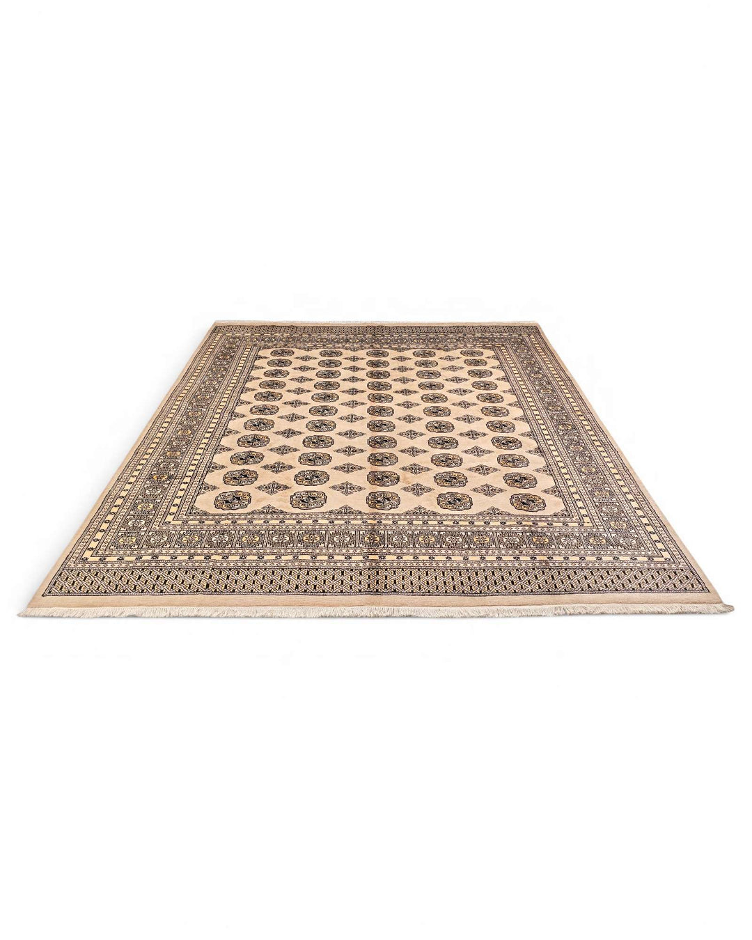 Sand beige square Bokhara wool rug 245×257cm, Pakistani craftsmanship