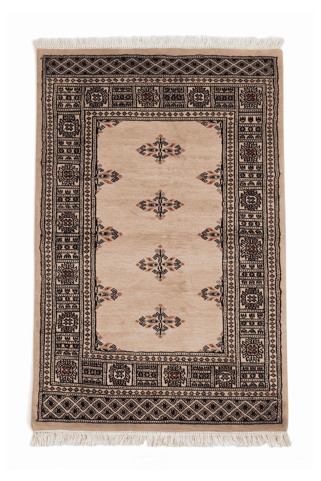 Sand Pakistani Bokhara Rug, gul design, hand-knotted, 77×122cm