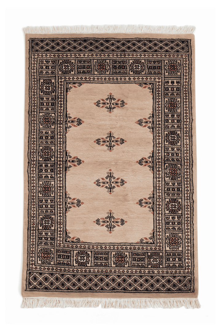 Sand Pakistani Bokhara Rug, gul design, hand-knotted, 77×122cm