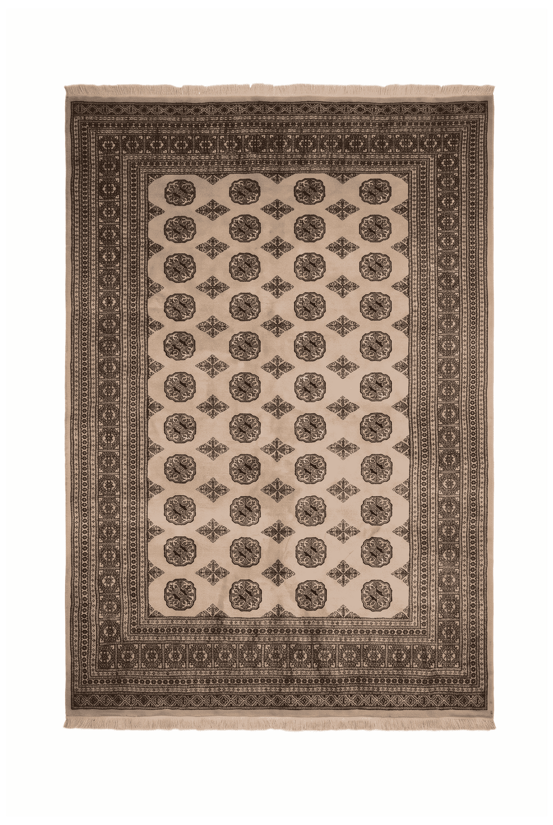 Sandy beige and black Turkmen gül Bokhara rug, 199×265cm, 3 tatami