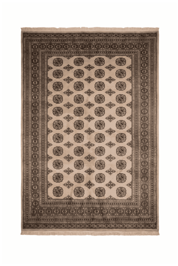 Sandy beige and black Turkmen gül Bokhara rug, 199×265cm, 3 tatami