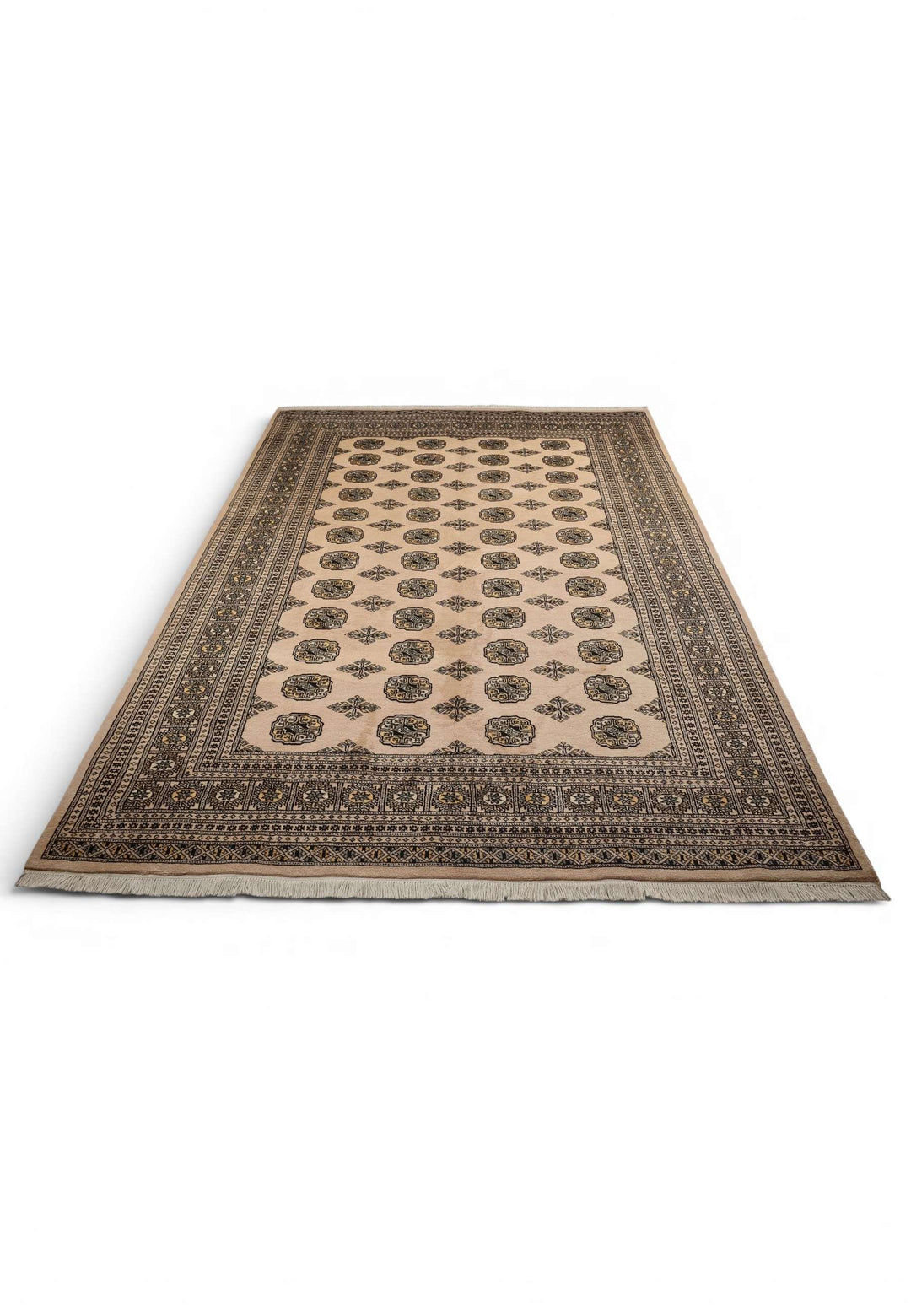 Border detail of sandy beige and black hand-knotted Bokhara rug