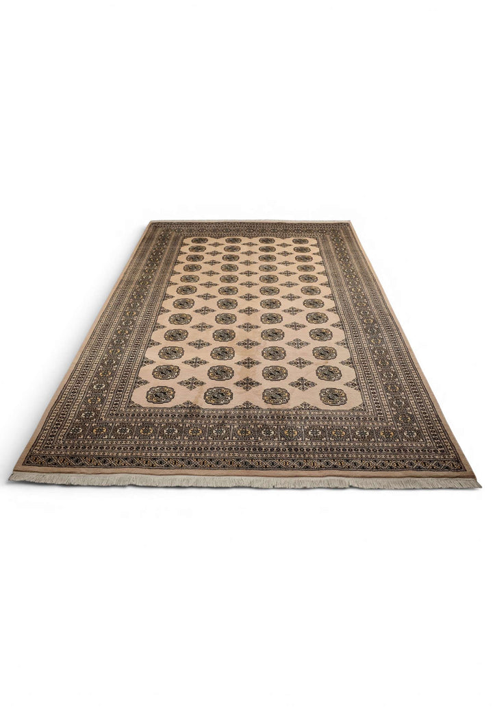 Border detail of sandy beige and black hand-knotted Bokhara rug