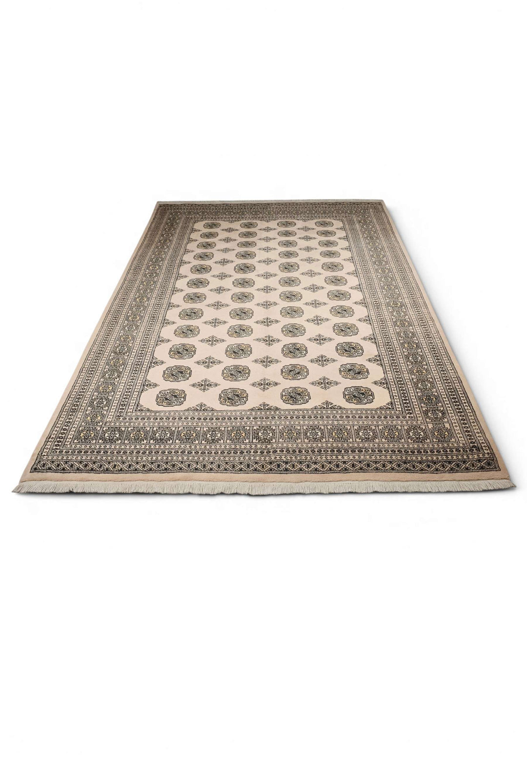Hand-knotted wool pile of sandy beige Bokhara rug, 199×265cm