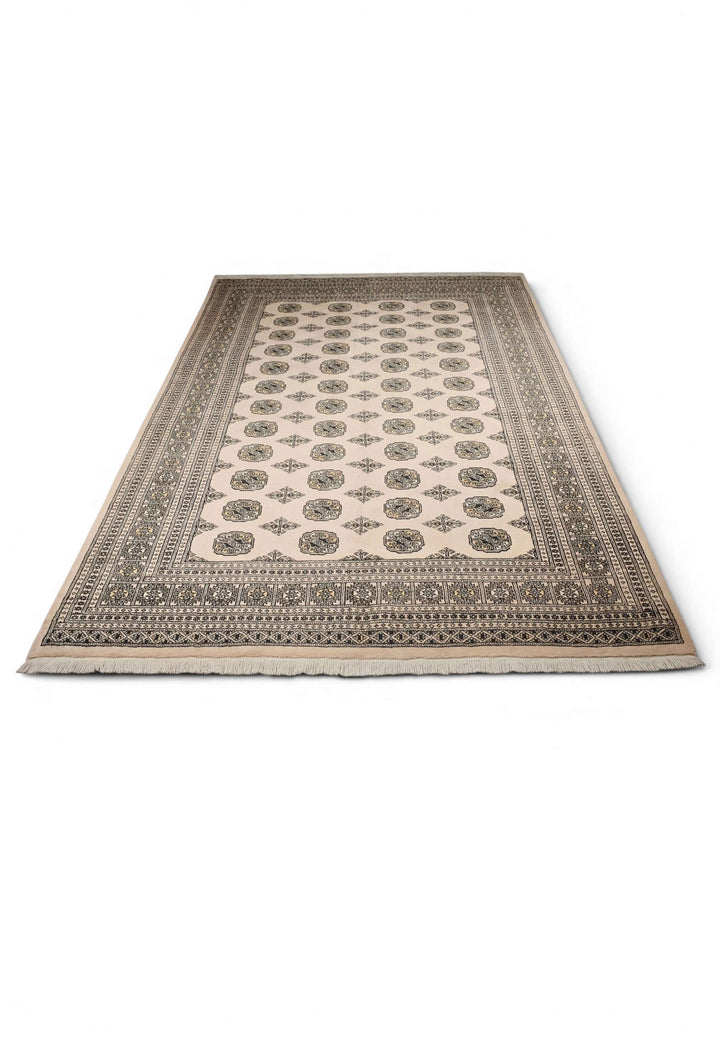 Hand-knotted wool pile of sandy beige Bokhara rug, 199×265cm