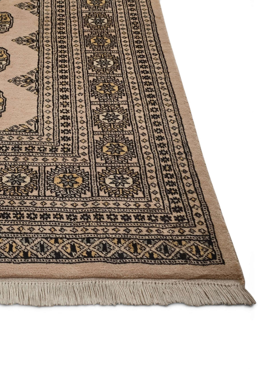 One-of-a-kind sandy beige and black Pakistani Bokhara rug