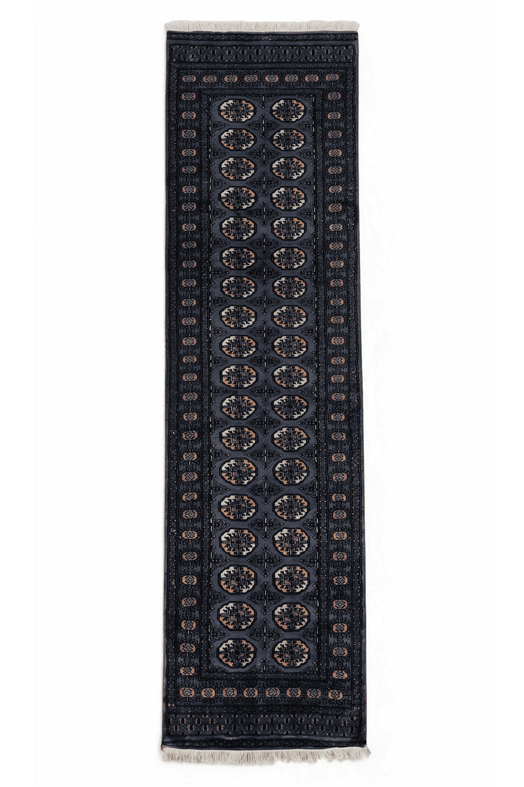 Slate blue and cream Turkmen gül Bokhara runner, 77×278cm, hand-knotted wool