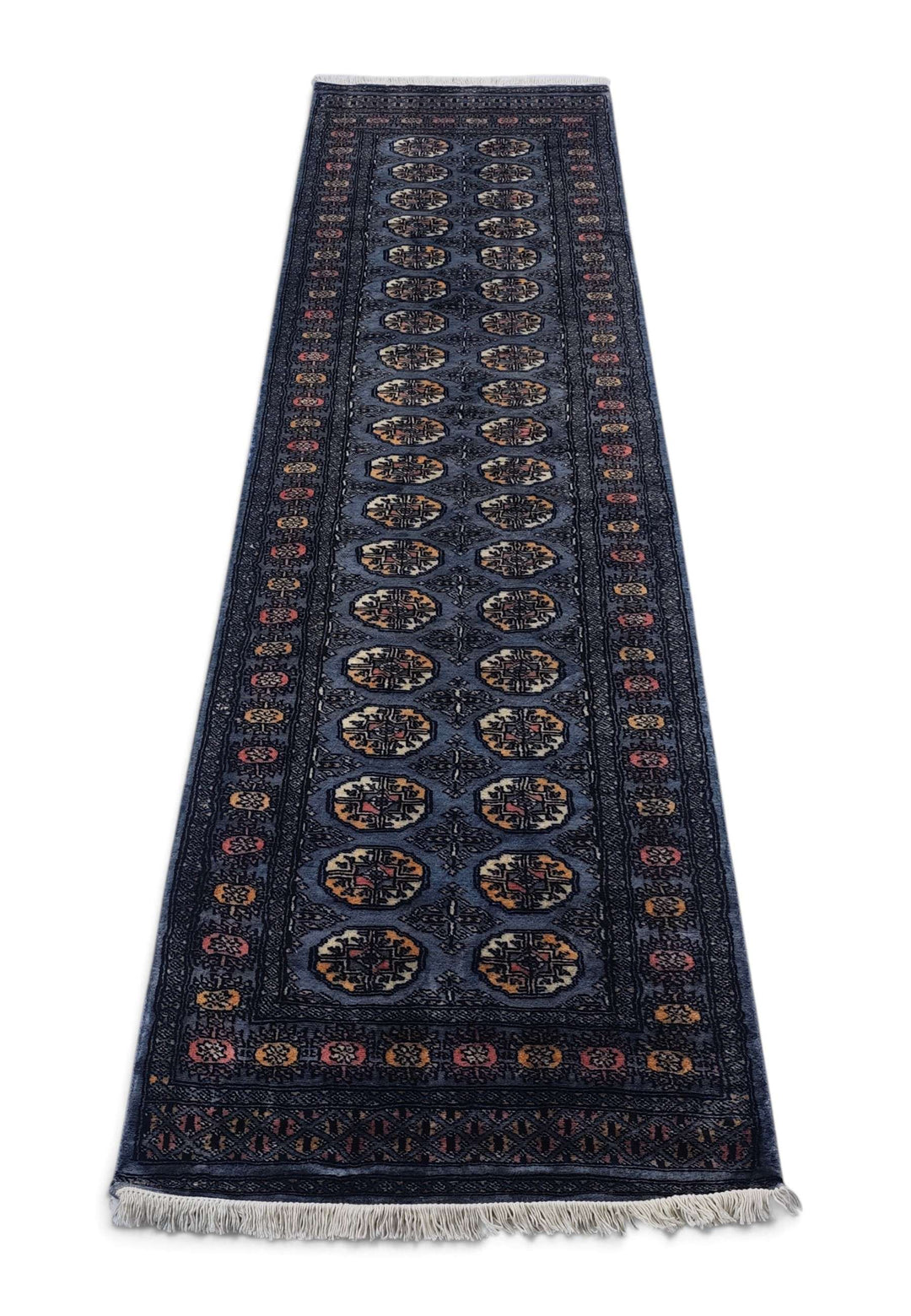 Border detail of slate blue and cream hand-knotted Bokhara runner