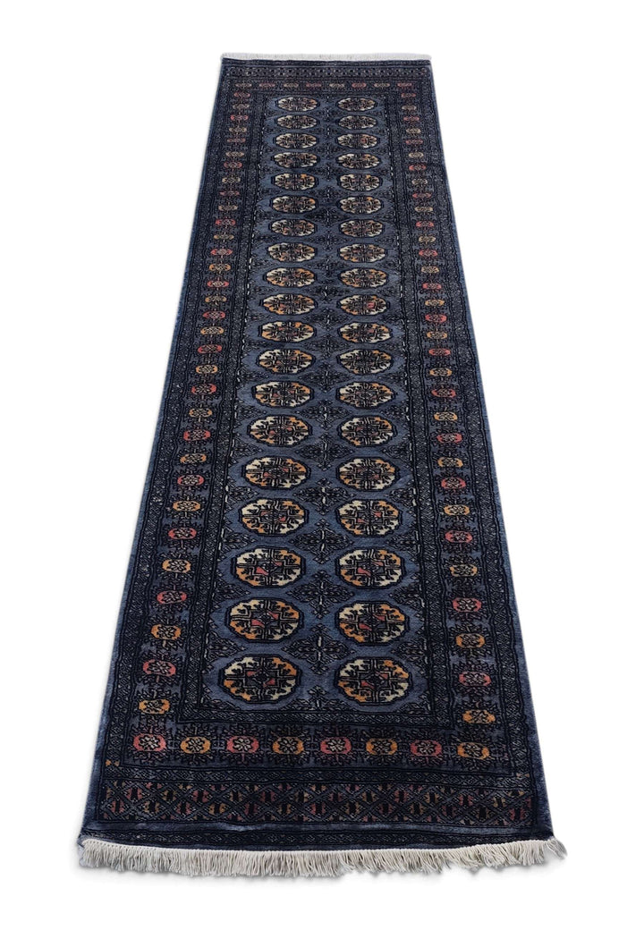 Border detail of slate blue and cream hand-knotted Bokhara runner