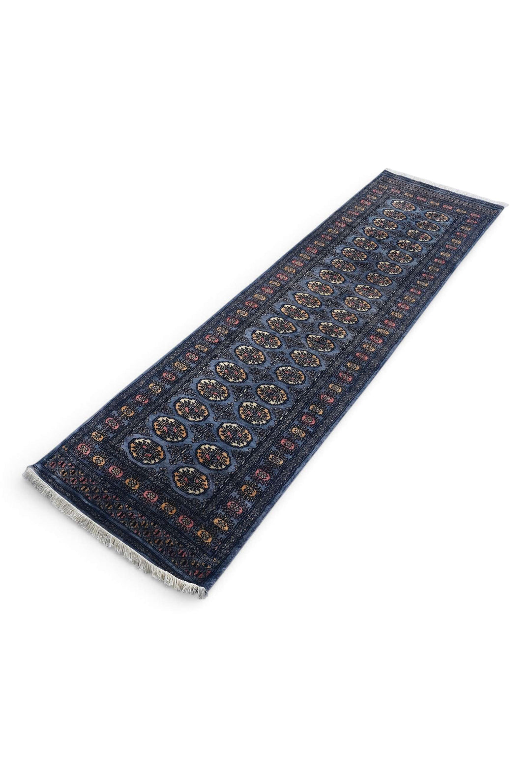 Hand-knotted wool pile of slate blue Bokhara runner, 77×278cm