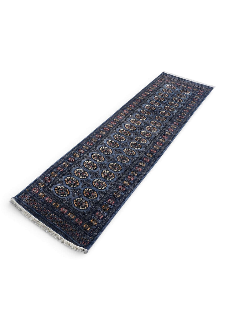 Hand-knotted wool pile of slate blue Bokhara runner, 77×278cm