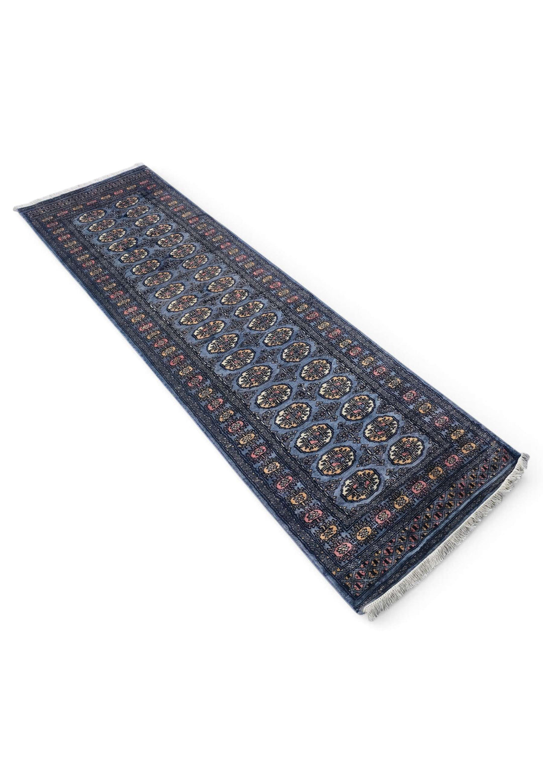 Slate blue cream Bokhara runner 77×278cm, Pakistani craftsmanship