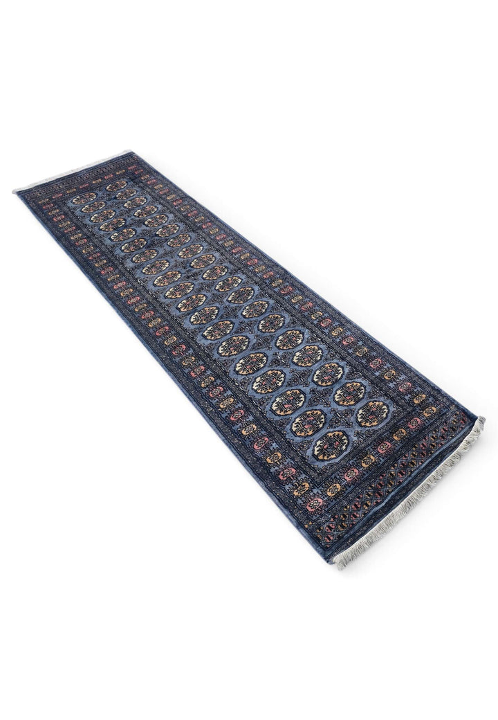 Slate blue cream Bokhara runner 77×278cm, Pakistani craftsmanship