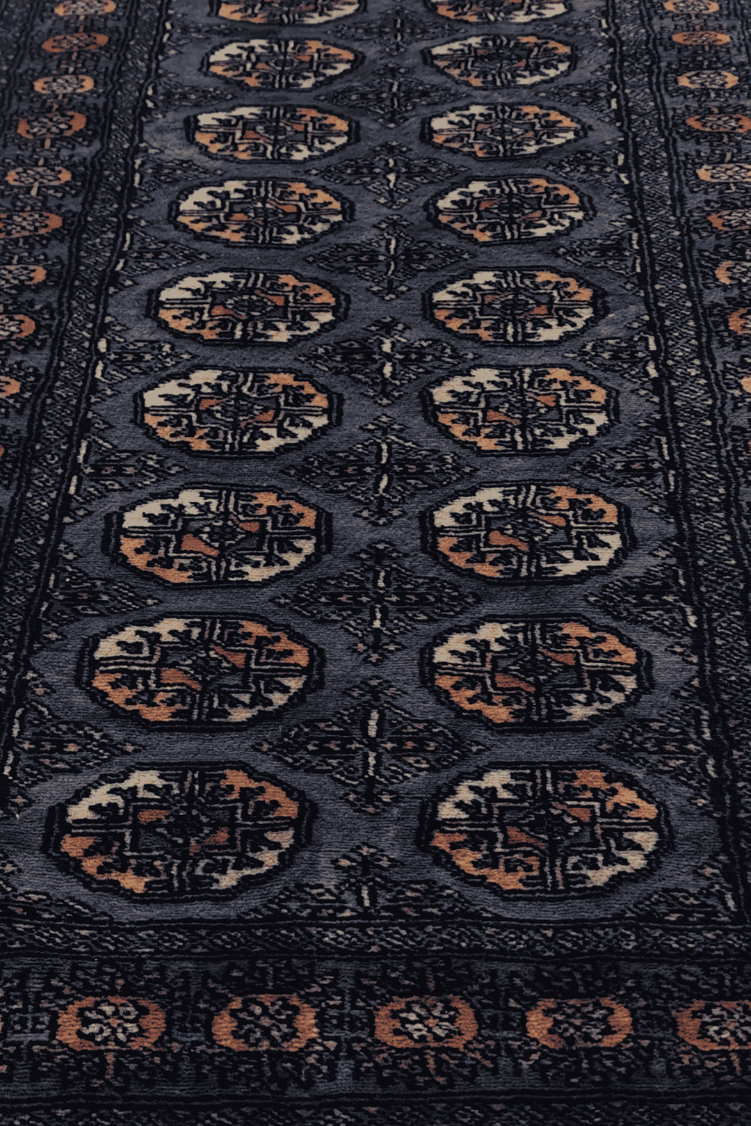 Slate blue and cream Turkmen gül runner for a hallway, 77×278cm