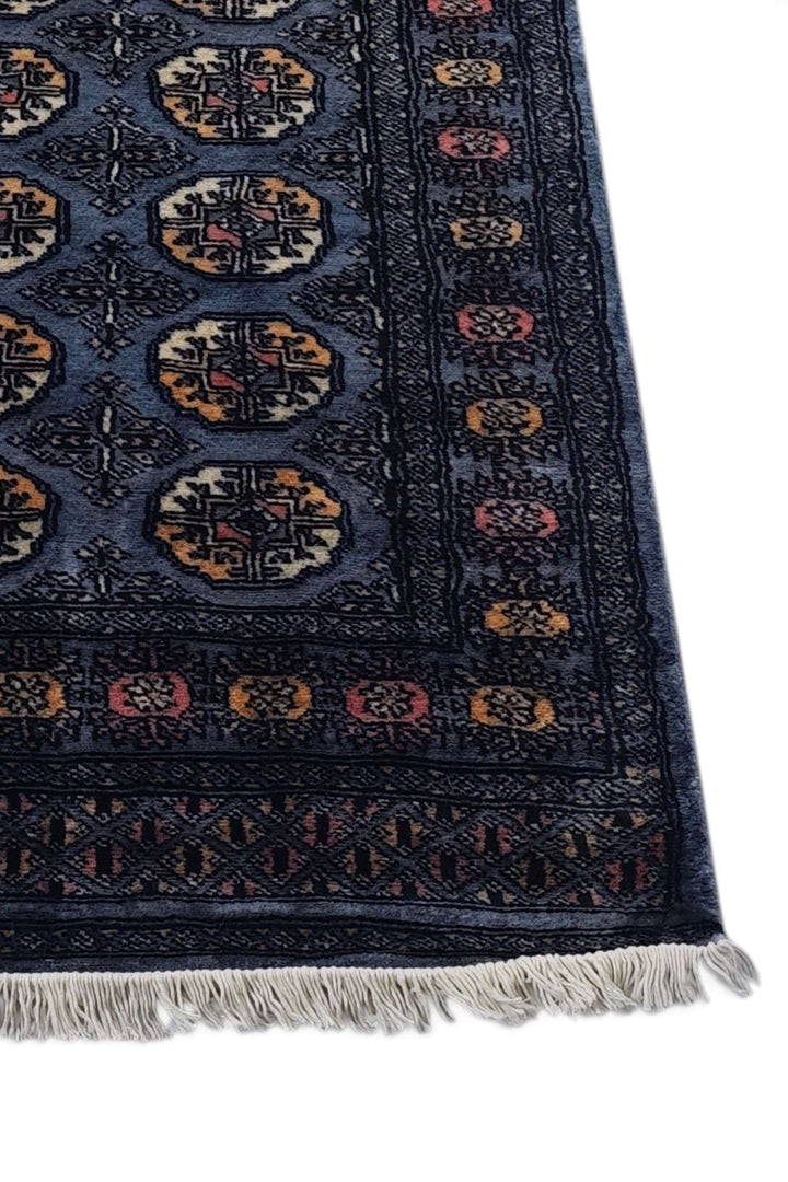 One-of-a-kind slate blue and cream Pakistani Bokhara runner