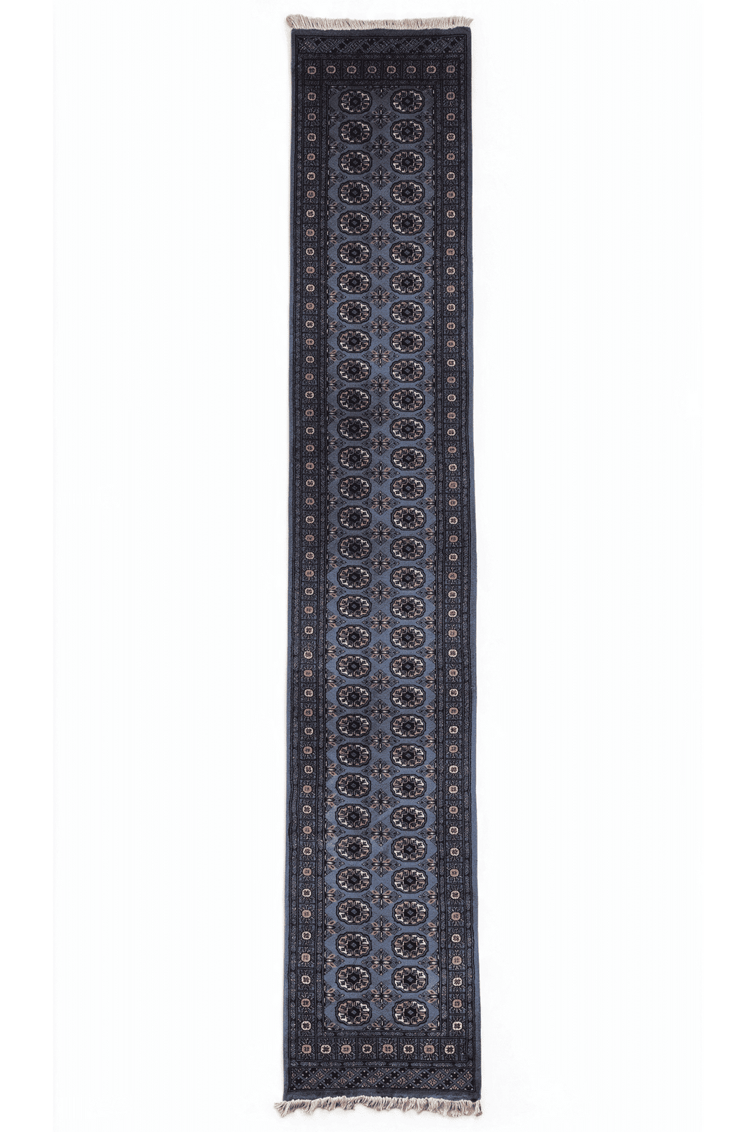 Slate blue and camel Turkmen gül Bokhara runner, 78×538cm, extra long