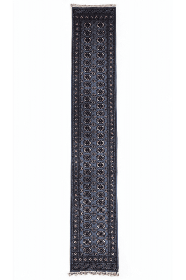 Slate blue and camel Turkmen gül Bokhara runner, 78×538cm, extra long