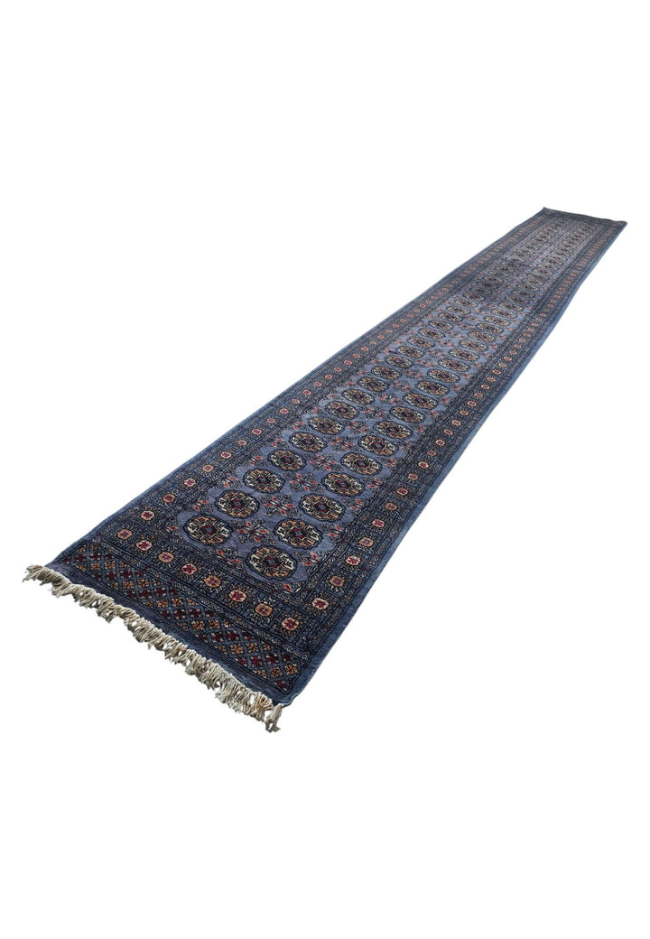 Hand-knotted wool pile of slate blue Bokhara runner, 78×538cm