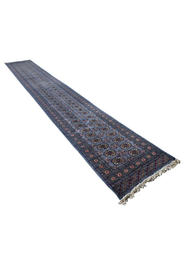 Slate blue Bokhara runner 78×538cm, Pakistani craftsmanship