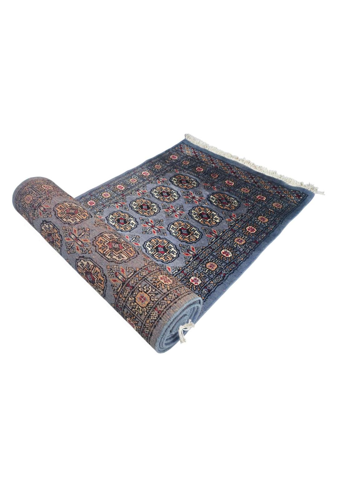 Slate blue and camel Turkmen gül runner for a long hallway