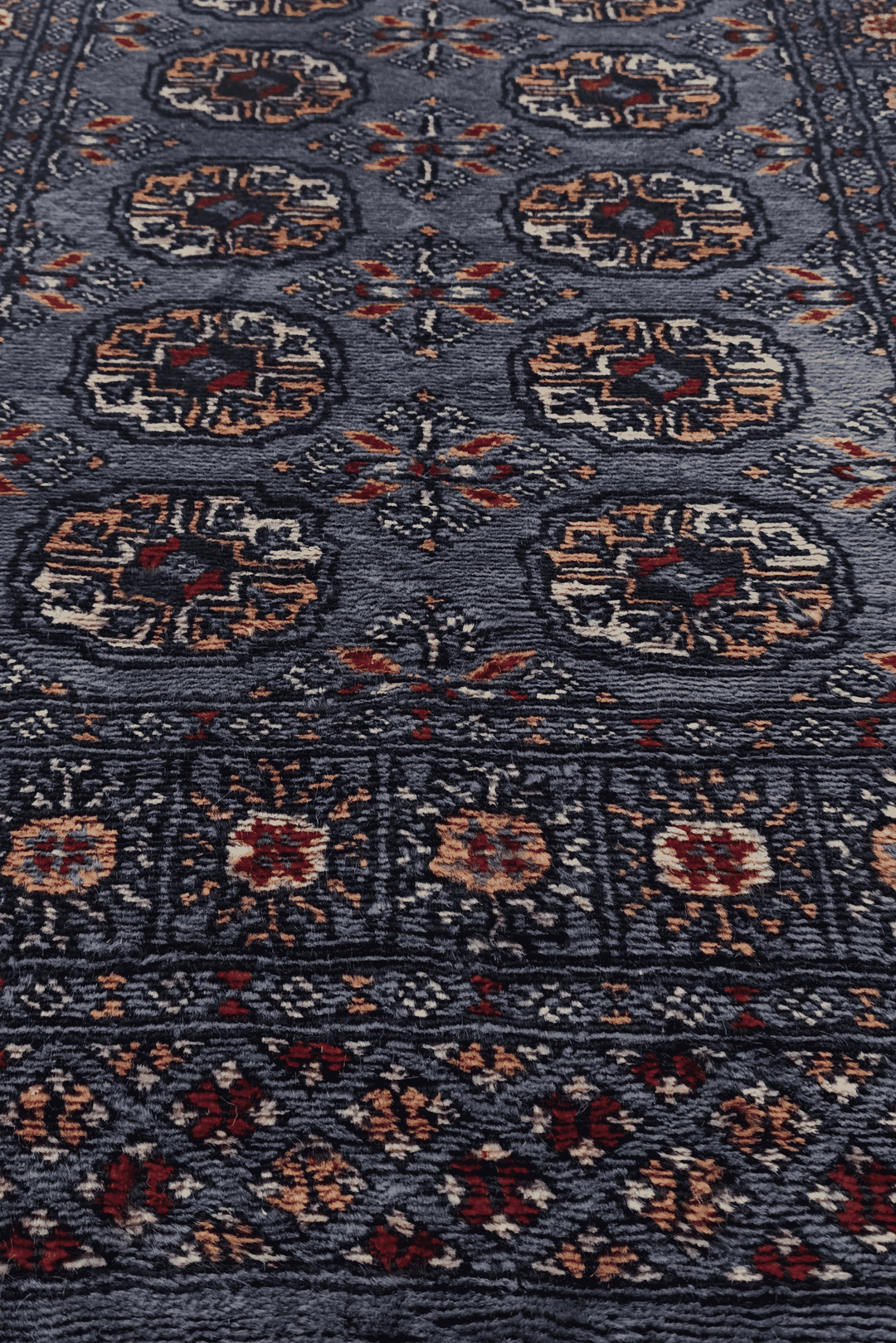 Hand-knotted slate blue Bokhara runner with camel Turkmen güls