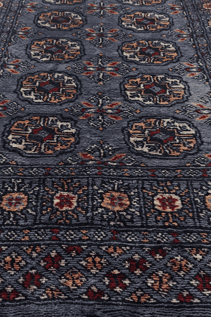Hand-knotted slate blue Bokhara runner with camel Turkmen güls