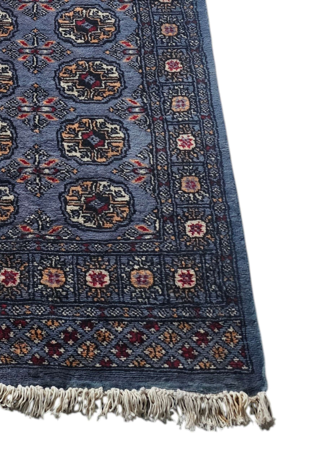 Extra long slate blue hand-knotted Bokhara wool runner, 538cm