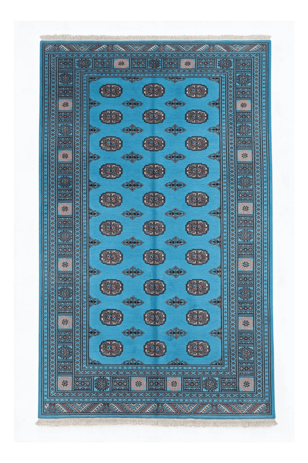 Turquoise and ivory Turkmen gül Bokhara hand-knotted wool rug, 155×250cm, 2 tatami
