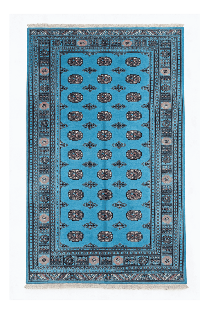 Turquoise and ivory Turkmen gül Bokhara hand-knotted wool rug, 155×250cm, 2 tatami