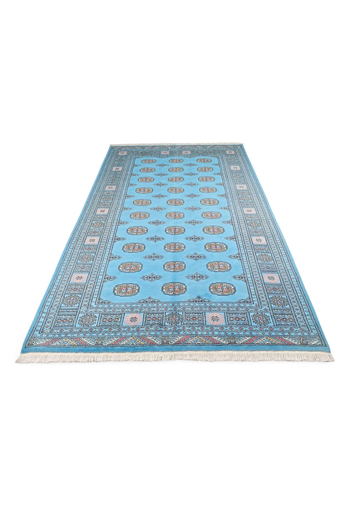Hand-knotted wool pile of turquoise ivory Bokhara rug, 155×250cm