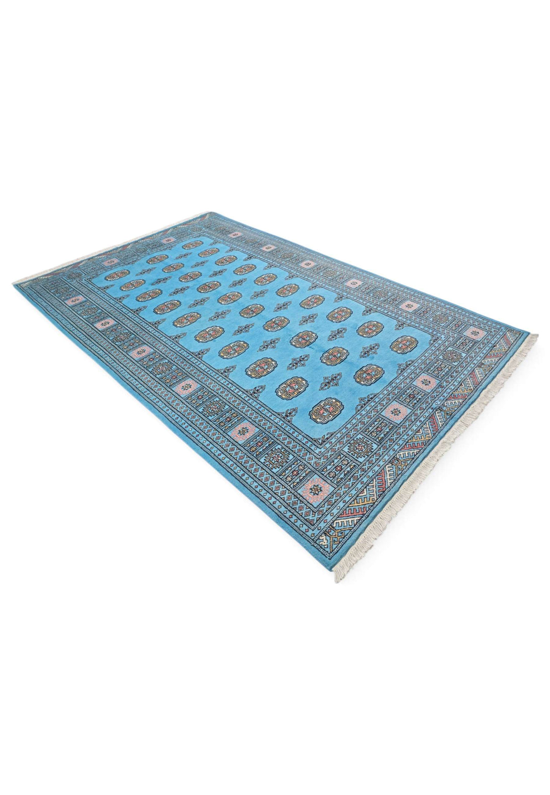 Turquoise and ivory Turkmen gül rug for a bedroom, about 2 tatami